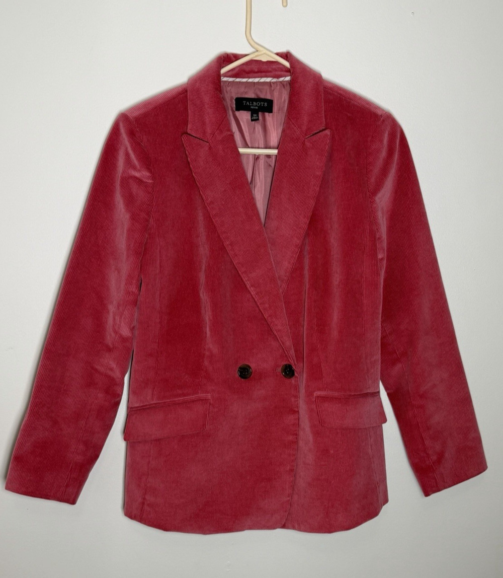 Talbots Corduroy Blazer Womens 12 Petite Coral Pink Double Breasted Classic